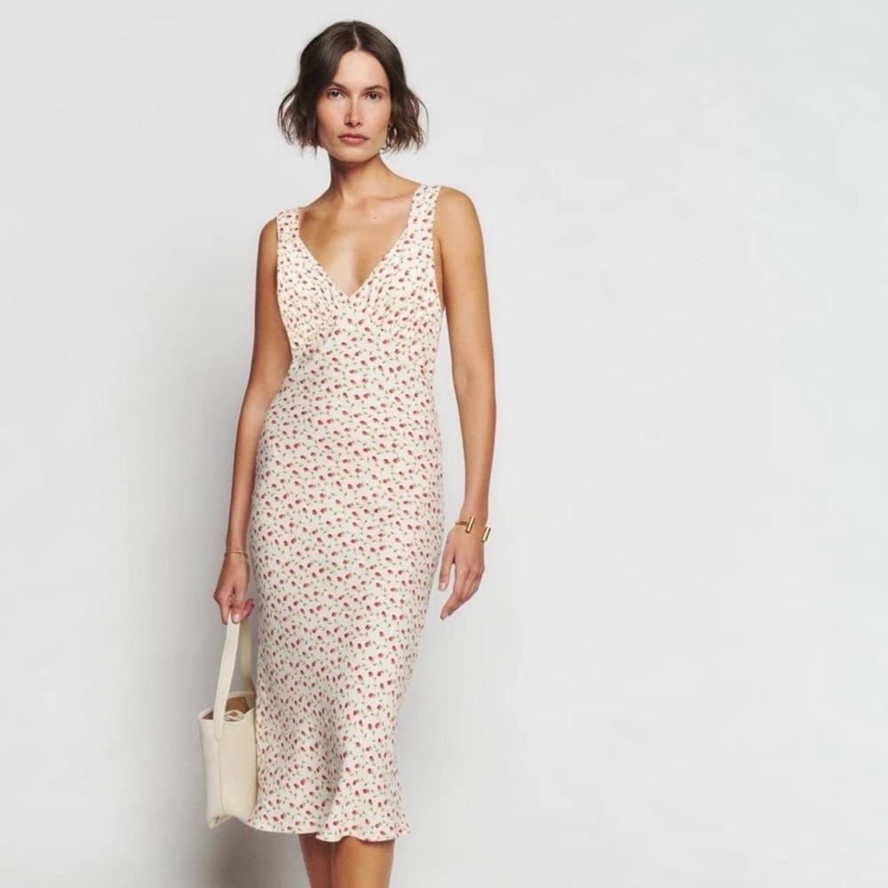 Reformation Cream Midi Dress with Red Floral Print
